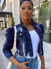 Long Puff Sleeve Denim Jacket Cropped Coats