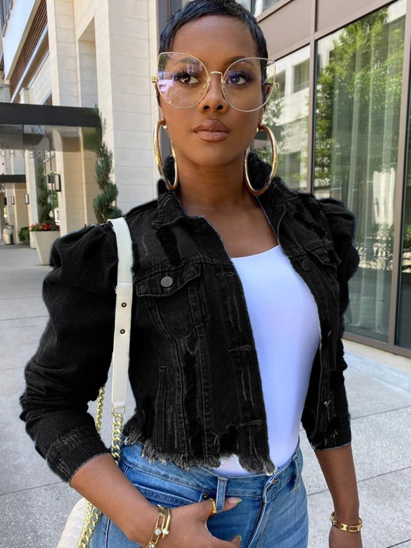 Long Puff Sleeve Denim Jacket Cropped Coats
