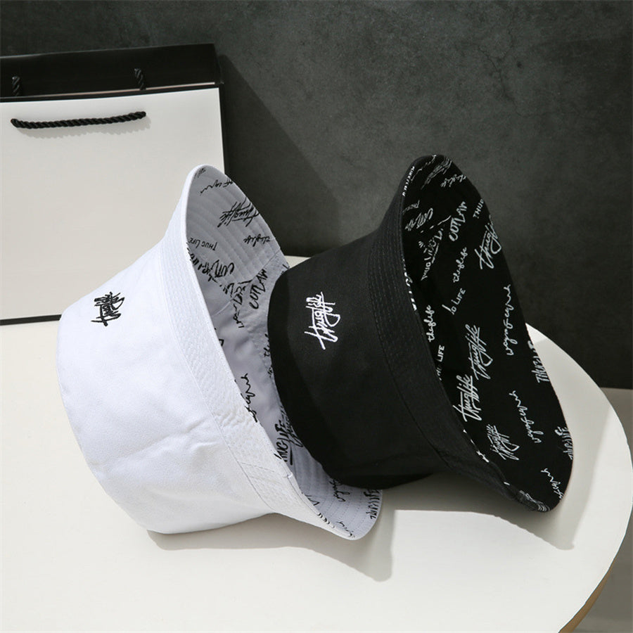 Letter Embroidery Bucket Hat Reversible Solid Hip Hop Couple