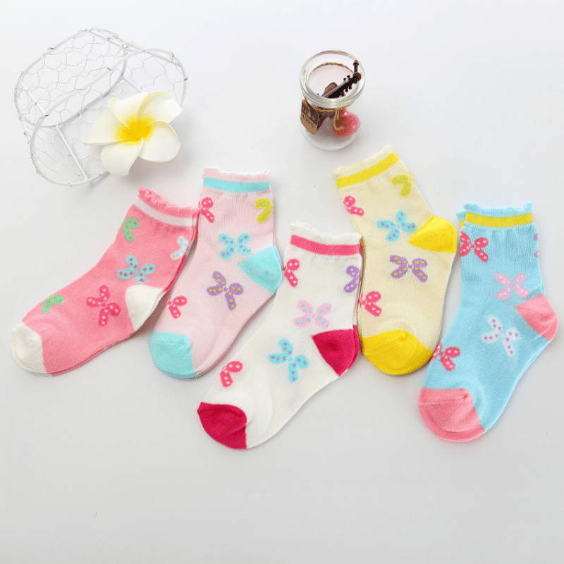 5pairs Baby Girls Socks Kids Butterfly Graphic Cotton Crew Socks