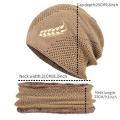 Men's Winter Embroidered Wheat Ear Pattern Knit Wool Hat & Muffler Set