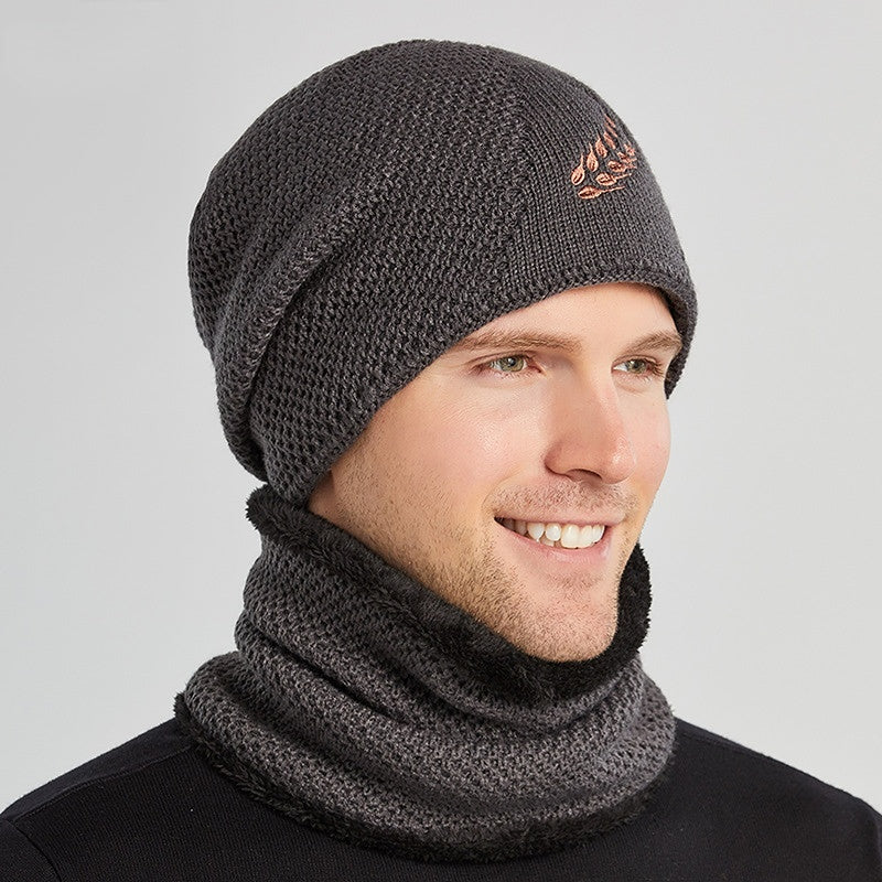 Men's Winter Embroidered Wheat Ear Pattern Knit Wool Hat & Muffler Set