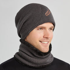 Men's Winter Embroidered Wheat Ear Pattern Knit Wool Hat & Muffler Set