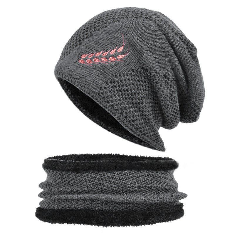 Men's Winter Embroidered Wheat Ear Pattern Knit Wool Hat & Muffler Set
