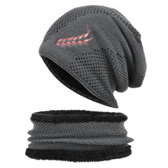 Men's Winter Embroidered Wheat Ear Pattern Knit Wool Hat & Muffler Set