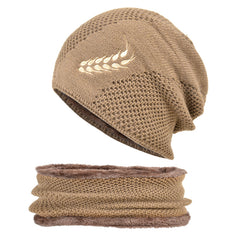 Men's Winter Embroidered Wheat Ear Pattern Knit Wool Hat & Muffler Set
