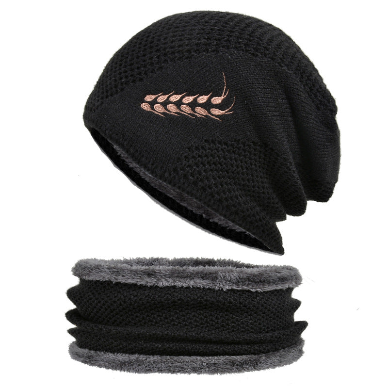 Men's Winter Embroidered Wheat Ear Pattern Knit Wool Hat & Muffler Set