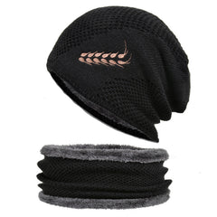 Men's Winter Embroidered Wheat Ear Pattern Knit Wool Hat & Muffler Set