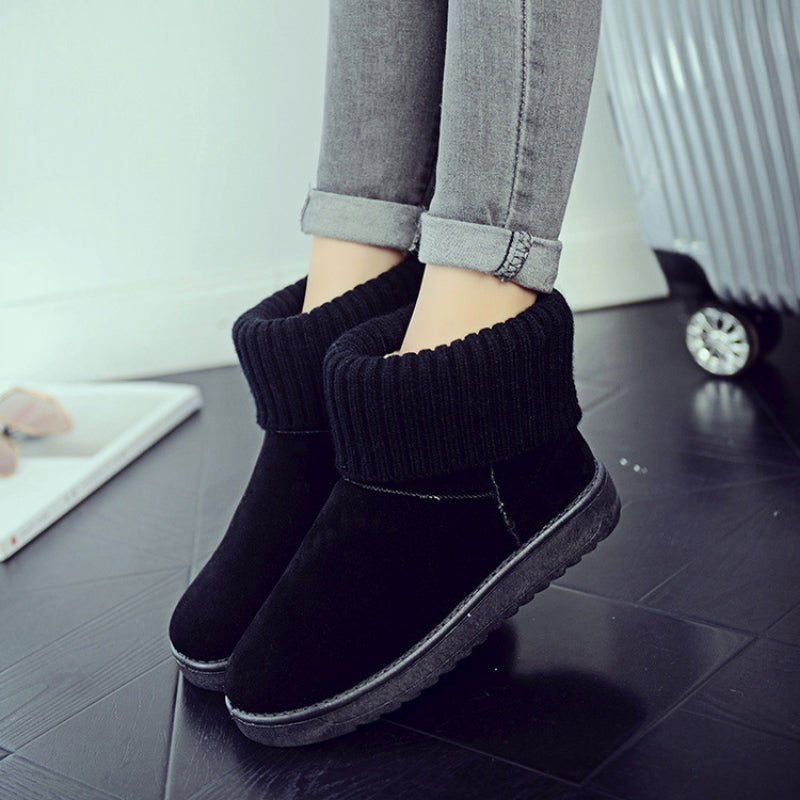 Minimalist Round Toe Knitting Ankle Boots Waterproof Plush Inside Short Tune Boo