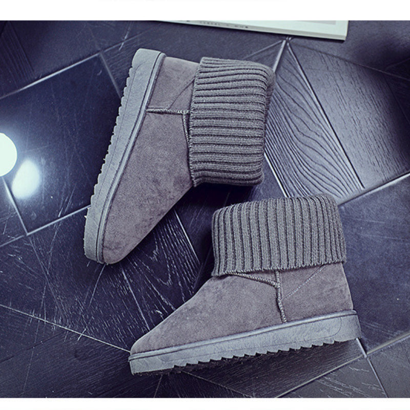 Minimalist Round Toe Knitting Ankle Boots Waterproof Plush Inside Short Tune Boo