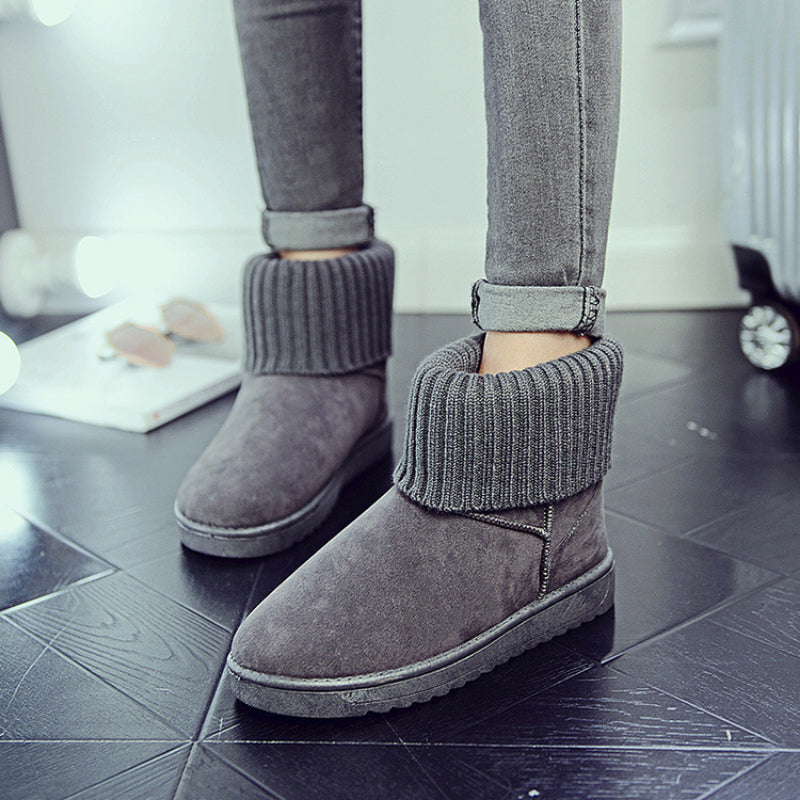Minimalist Round Toe Knitting Ankle Boots Waterproof Plush Inside Short Tune Boo