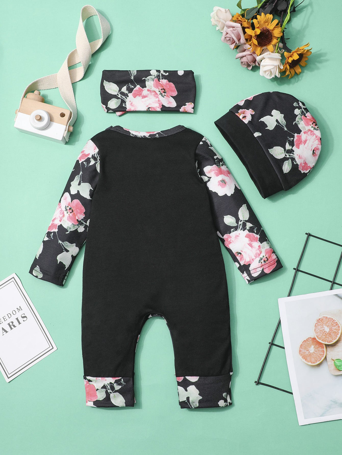 Newborn Infant Flowers Print Romper Set for Baby Girls
