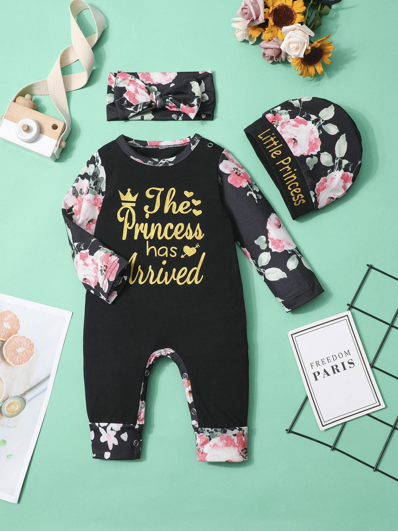 Newborn Infant Flowers Print Romper Set for Baby Girls