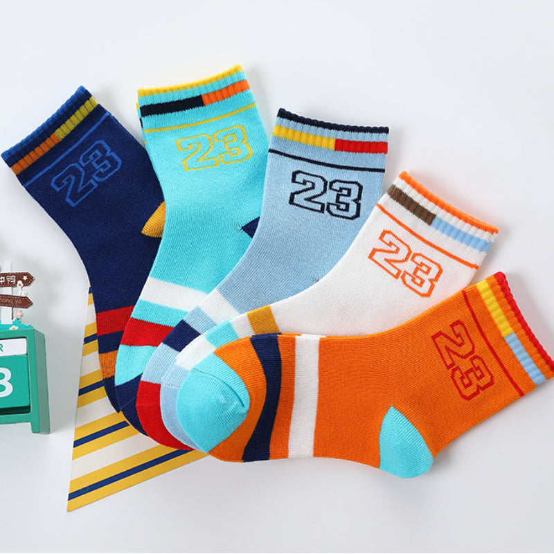 5 Pairs Kids Socks 23 Number Striped Crew Socks Warm Winter Girls Boys