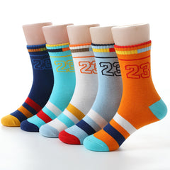 5 Pairs Kids Socks 23 Number Striped Crew Socks Warm Winter Girls Boys