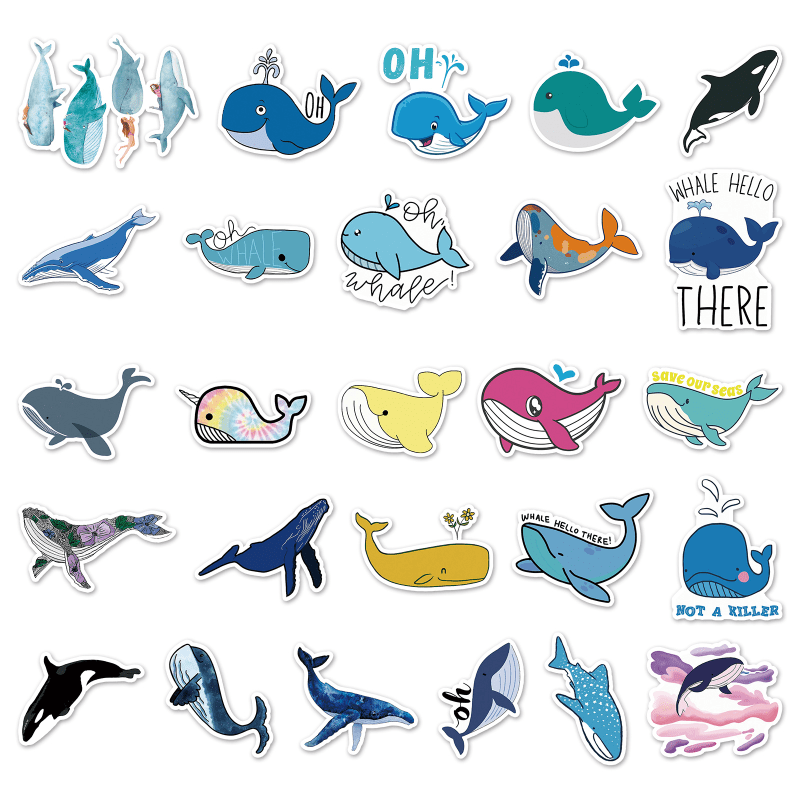 50pcs Waterproof Whale Doodle Stickers for Laptop and Water Bottles