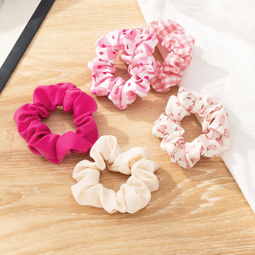 5pcs Sweet Floral Heart Pink Hair Scrunchies Ponytail Holders Hair Accessories