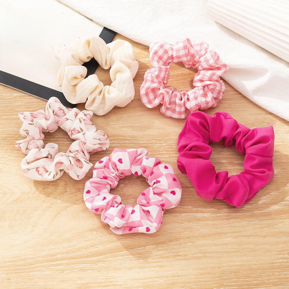 5pcs Sweet Floral Heart Pink Hair Scrunchies Ponytail Holders Hair Accessories
