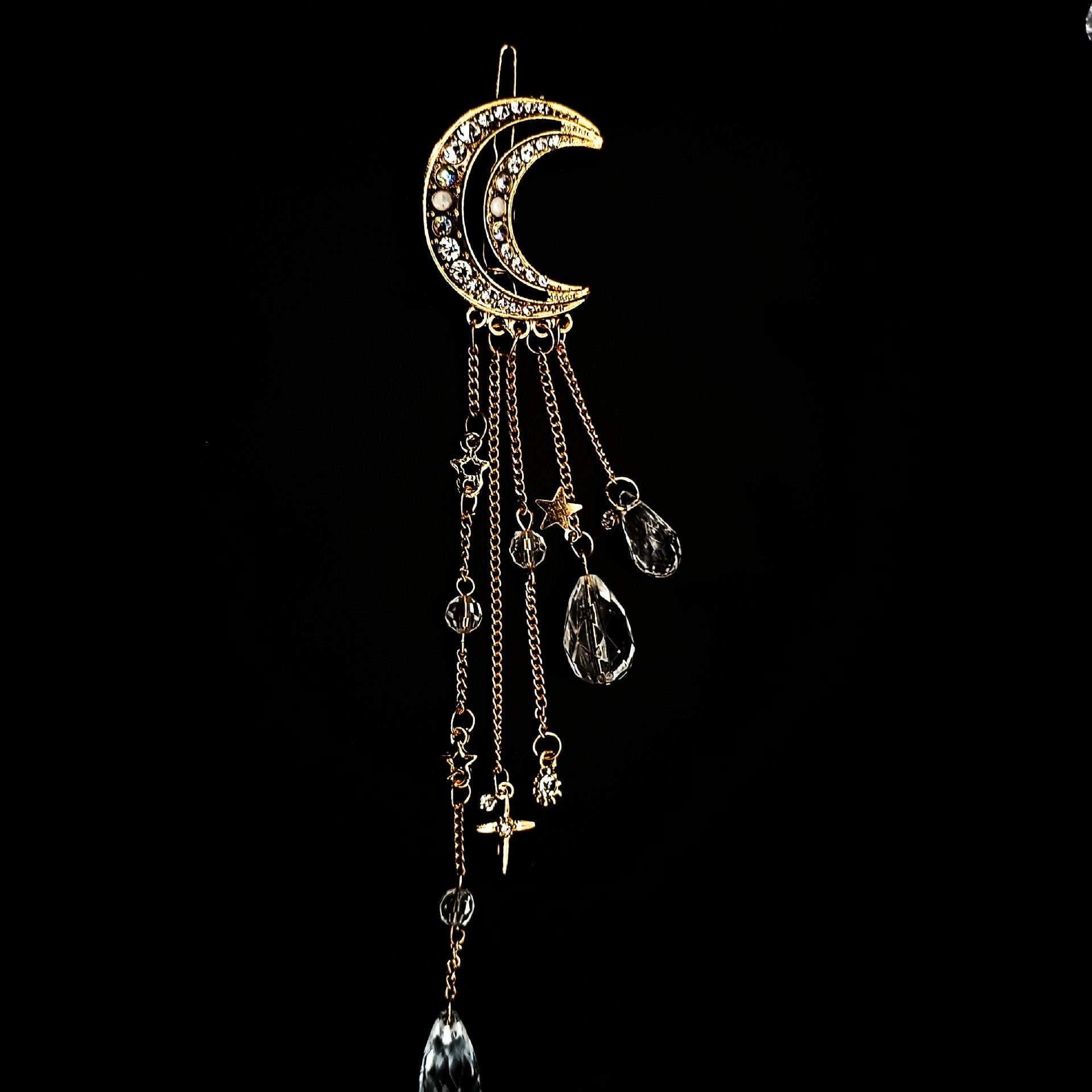 Rhinestone Beaded Dangle Hair Clip Fairy Crescent Moon Star Charm Barrette