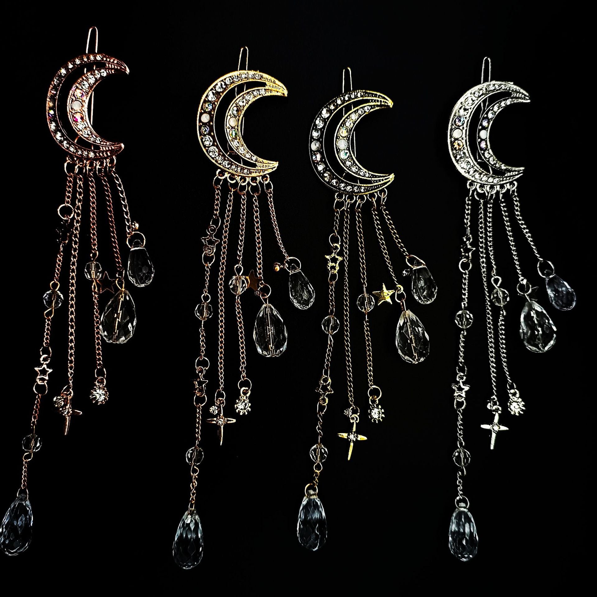 Rhinestone Beaded Dangle Hair Clip Fairy Crescent Moon Star Charm Barrette