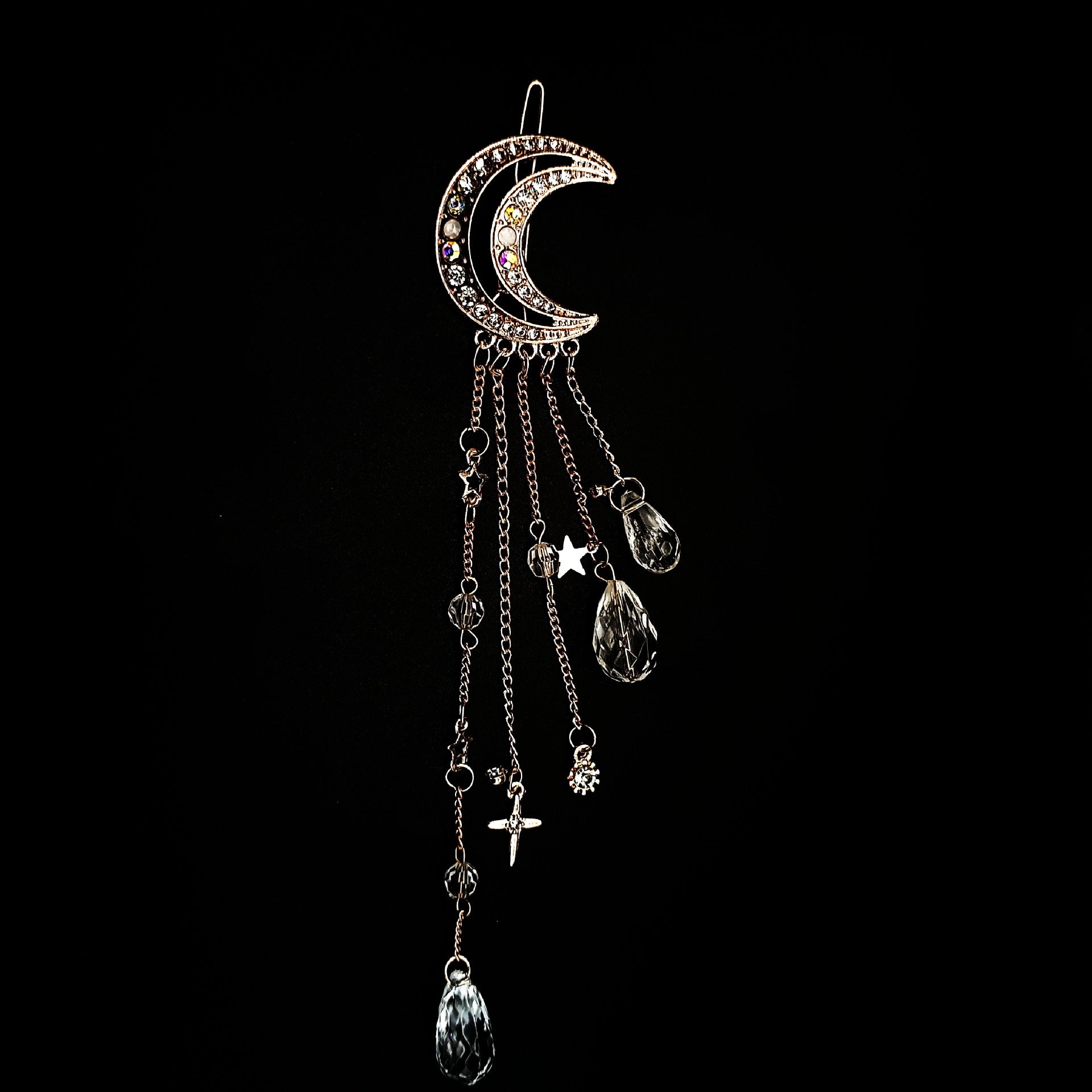 Rhinestone Beaded Dangle Hair Clip Fairy Crescent Moon Star Charm Barrette