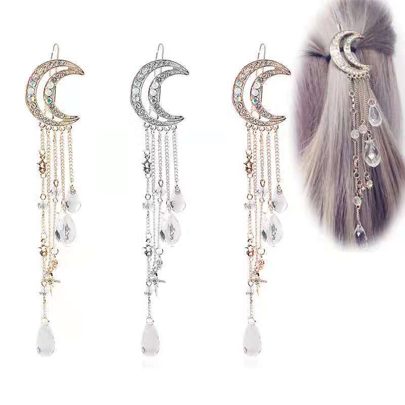 Rhinestone Beaded Dangle Hair Clip Fairy Crescent Moon Star Charm Barrette