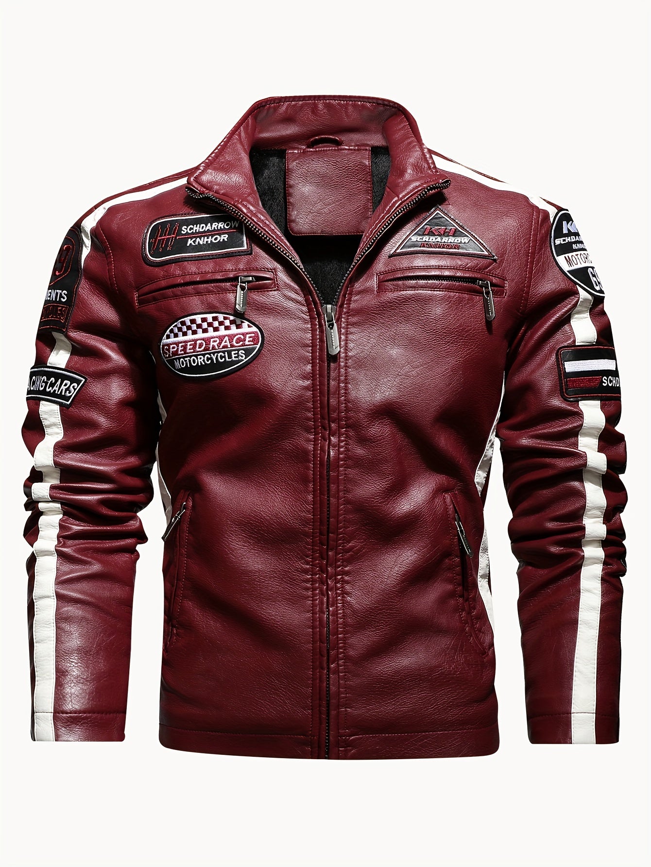 Men's PU Leather Cycling Zip Up Jacket Fleece Collar Motor Racer