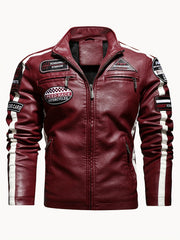 Men's PU Leather Cycling Zip Up Jacket Fleece Collar Motor Racer
