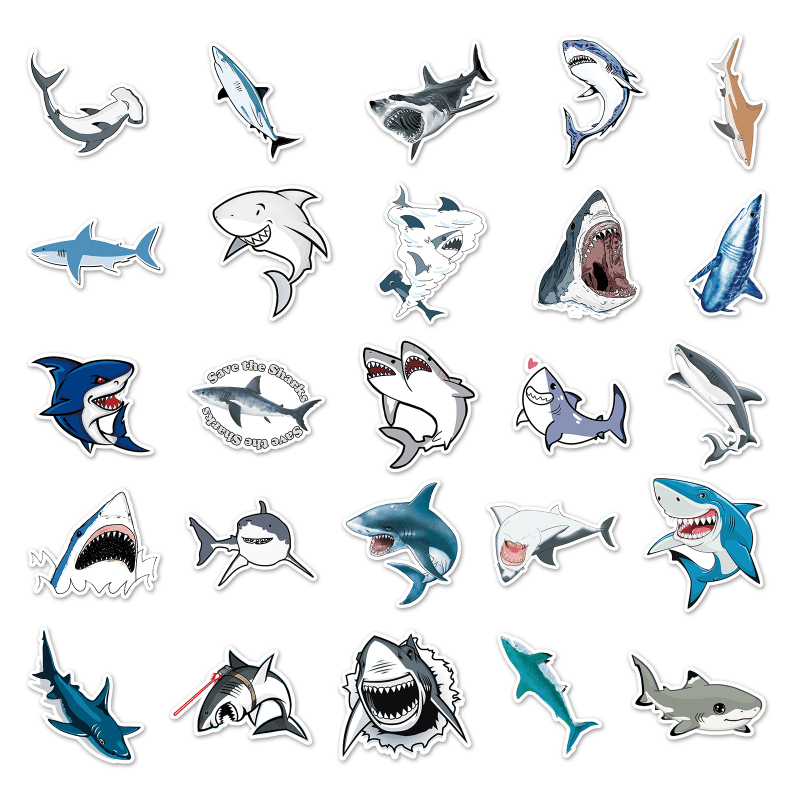 50pcs Shark Fierce Marine Life Waterproof Decorative Doodle Stickers