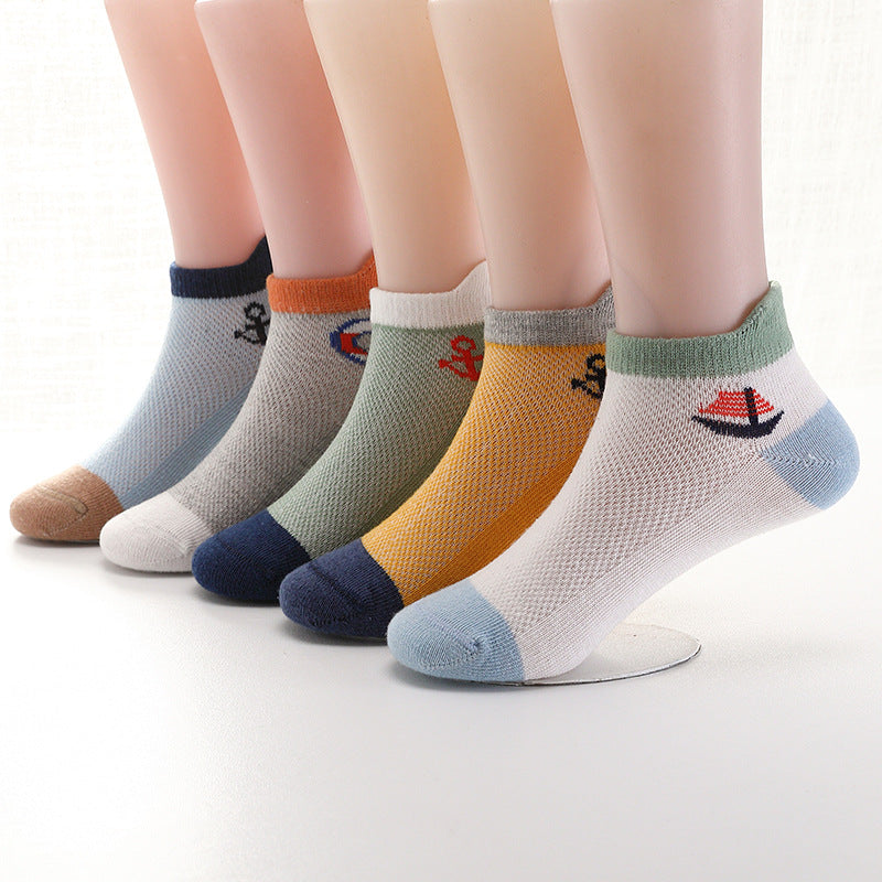 5pairs Baby Boys Block Ankle Socks Thin Mesh Breathable Kids Socks