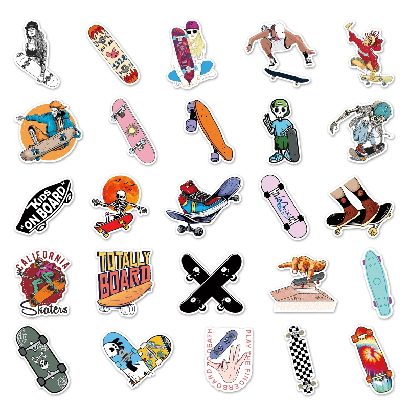50pcs Skateboard Cartoon Sports Stickers Waterproof Decorative Doodle Designs