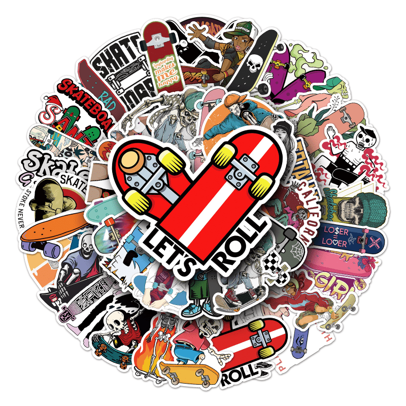 50pcs Skateboard Cartoon Sports Stickers Waterproof Decorative Doodle Designs