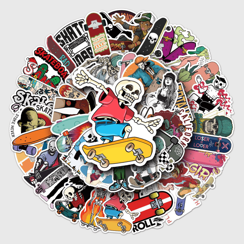50pcs Skateboard Cartoon Sports Stickers Waterproof Decorative Doodle Designs