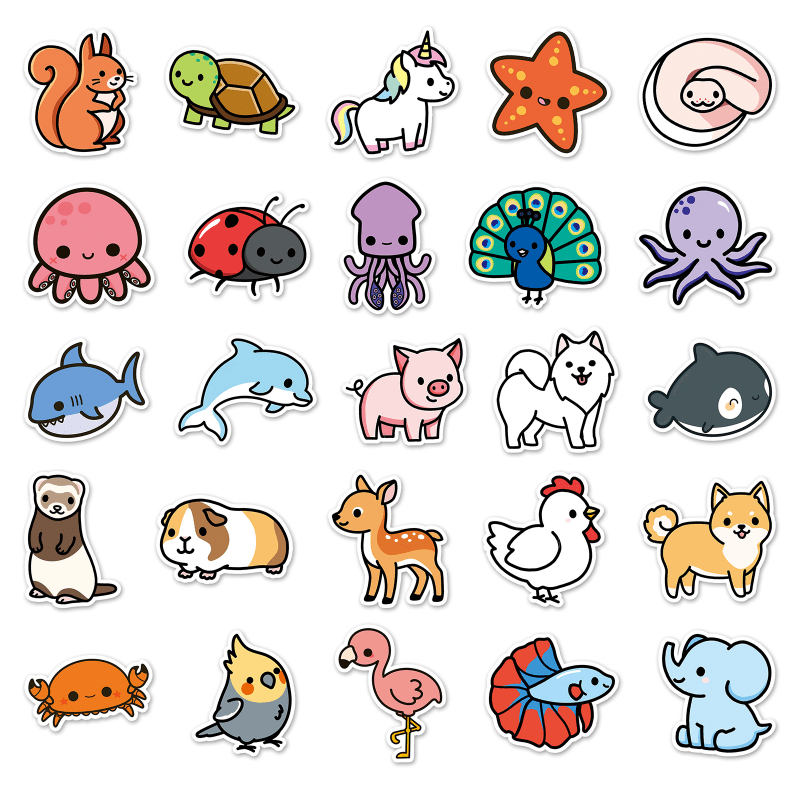 50pcs Cartoon Animal Waterproof Doodle Stickers