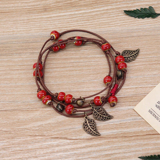 Boho Rope Bracelet with Leaf Shaped Stone Beads