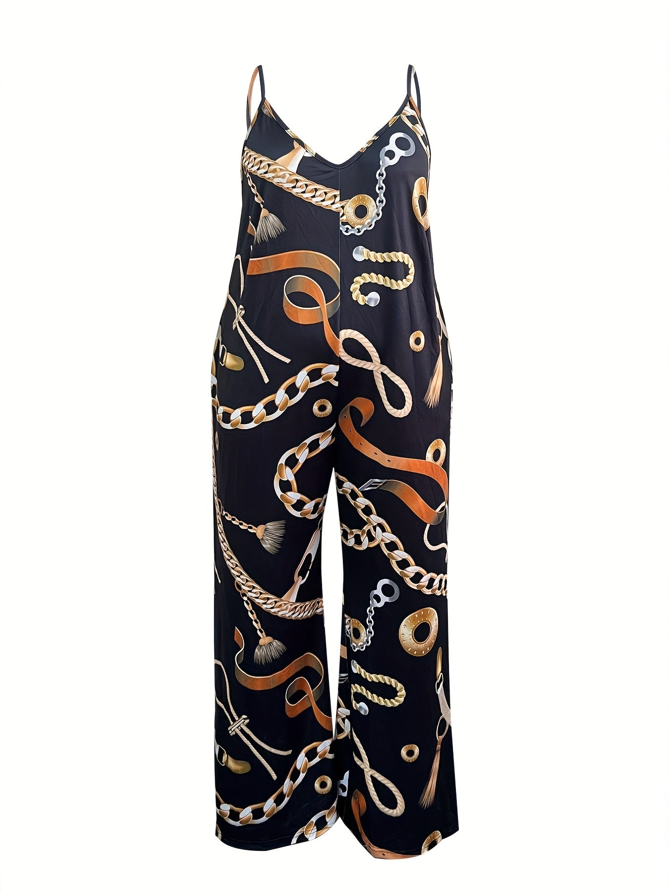 Chain Print V Neck Backless Wide Leg Plus Size Jumpsuit
