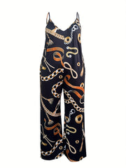 Chain Print V Neck Backless Wide Leg Plus Size Jumpsuit