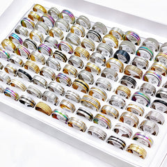 50Pcs Love Heart Stainless Steel Rings - Mix Style Colorful Luminous Stripe Jewe