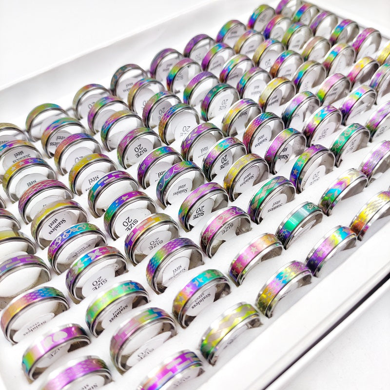50Pcs Love Heart Stainless Steel Rings - Mix Style Colorful Luminous Stripe Jewe