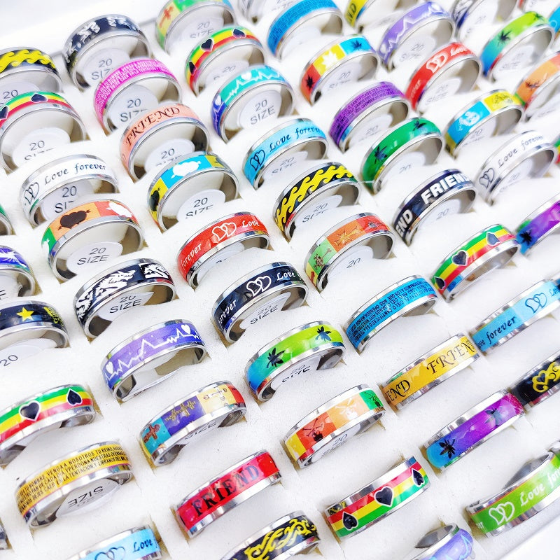 50Pcs Love Heart Stainless Steel Rings - Mix Style Colorful Luminous Stripe Jewe