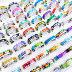 50Pcs Love Heart Stainless Steel Rings - Mix Style Colorful Luminous Stripe Jewe