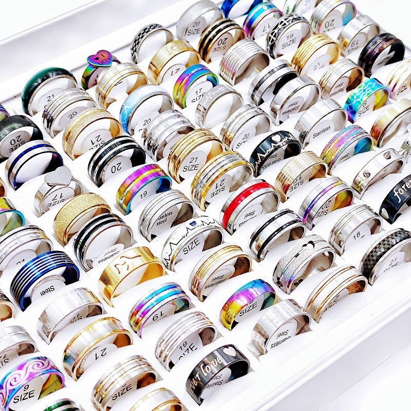 50Pcs Love Heart Stainless Steel Rings - Mix Style Colorful Luminous Stripe Jewe