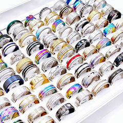 50Pcs Love Heart Stainless Steel Rings - Mix Style Colorful Luminous Stripe Jewe