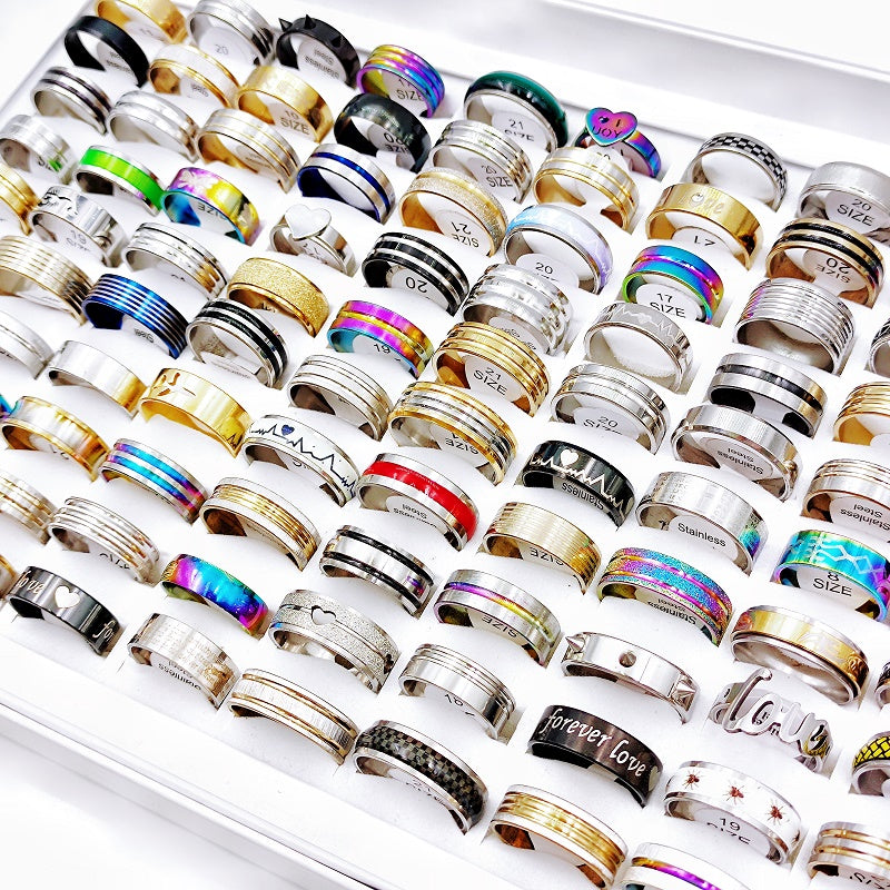 50Pcs Love Heart Stainless Steel Rings - Mix Style Colorful Luminous Stripe Jewe
