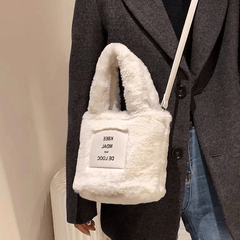 Mini Fuzzy Bucket Bag with Letter Patch - Winter Shoulder Crossbody Purse