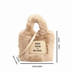 Mini Fuzzy Bucket Bag with Letter Patch - Winter Shoulder Crossbody Purse
