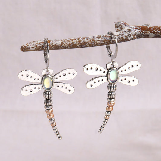 Vintage Moonstone Dragonfly Earrings 925 Silver Plated