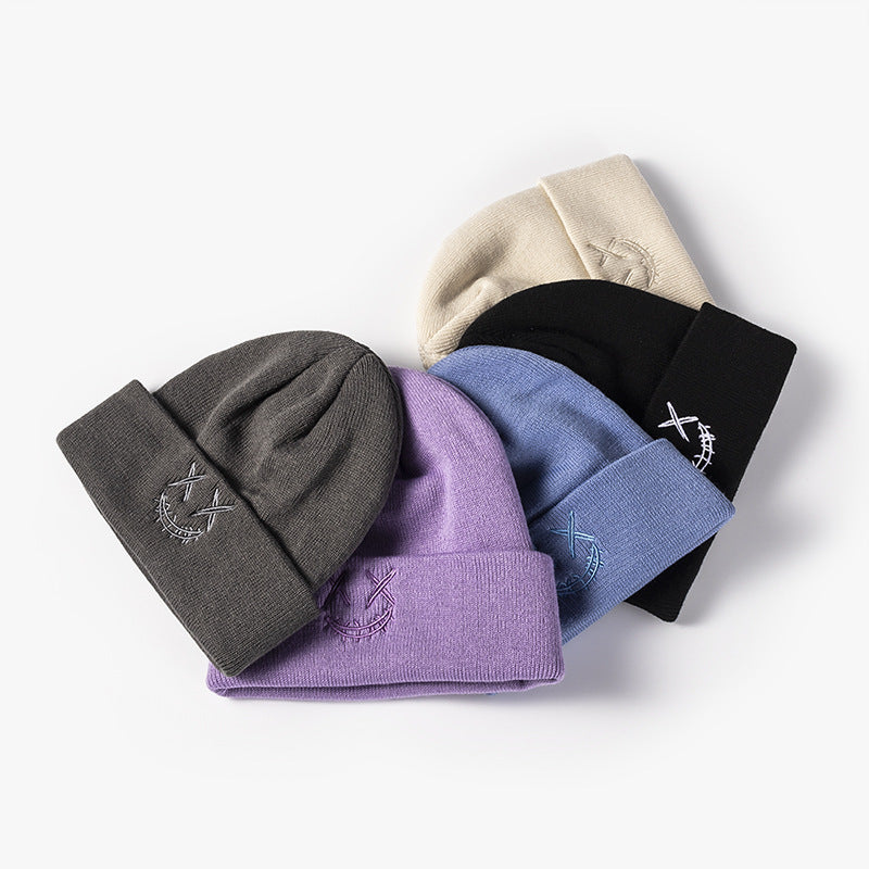 Unisex Embroidered Funny Happy Face Knit Hat Autumn Winter Warm Wool Hat