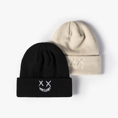 Unisex Embroidered Funny Happy Face Knit Hat Autumn Winter Warm Wool Hat