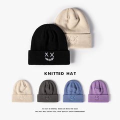 Unisex Embroidered Funny Happy Face Knit Hat Autumn Winter Warm Wool Hat